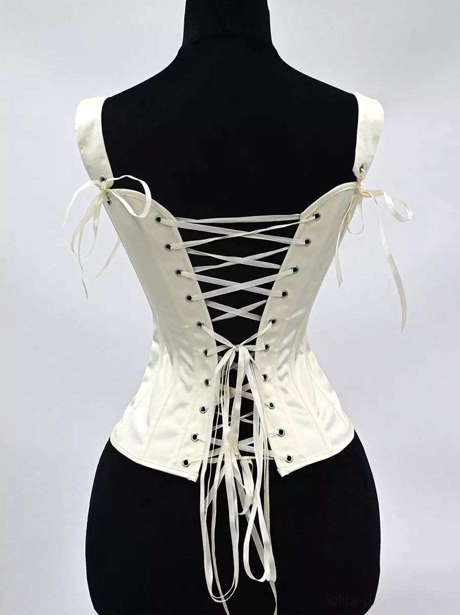 Satin corset bustier structured silhouette and boning detail showing form-fitting design, polyester satin sheen, and internal construction support element