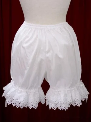 white cotton lolita bloomers with hollow lace trim front flat lay view elastic waist