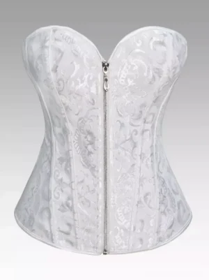 White damask jacquard corset top with metal zipper closure front flat view Victorian lolita strapless corset elegant vintage style