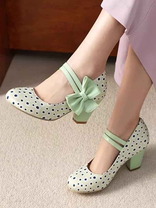 White polka dot Mary Jane lolita heels with mint green bow strap and dark blue dots - mixed on-model and flat lay styling