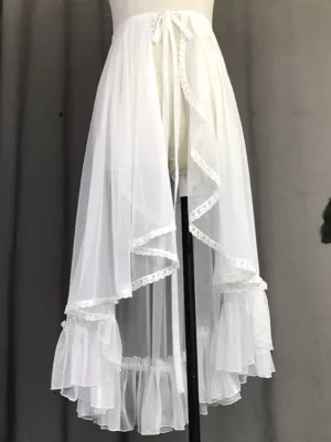 White detachable ruffled wrap sweet lolita train skirt with layered tulle and lace trims front view on dress form