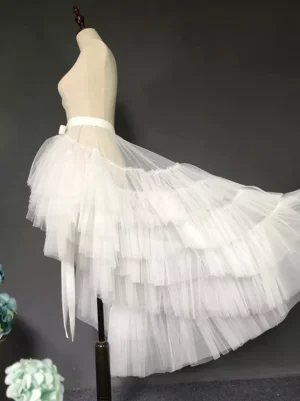 White detachable tulle train tail sweet lolita ruffles accessory left rear side view multi-layered ruffle skirt with waist sash