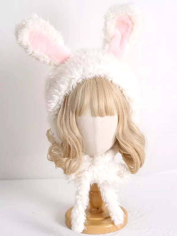 White ecru fluffy rabbit ear Lolita headdress with pink inner ears and white scarf straps front view