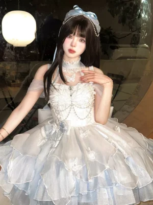 White fairy ballet sweet lolita JSK dress off-shoulder halter design front view with blue-white gradient tulle skirt butterfly bead embellishments night scene