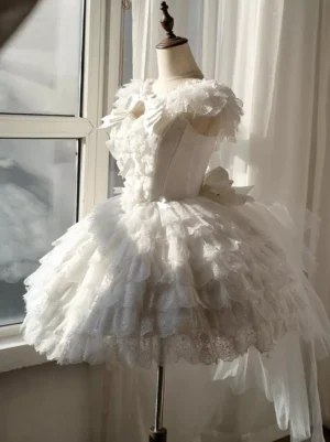 White Fairy Bridal Sweet Lolita JSK Dress with Ruffled Off-Shoulder Lace and Layered Tulle Skirt Front Three-Quarter View