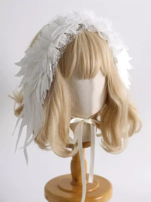 White feather frilled Lolita headband left side overhead view displaying layered lace and feather details with white ribbon strap fastening