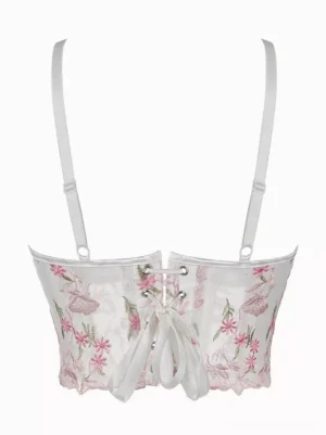lace-up back corset tank top rear view showing ribbon lace-up closure white mesh with pink floral embroidery adjustable straps