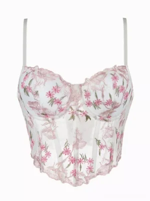 white floral corset cami tank top front flat lay view with pink green flower embroidery spaghetti straps lace-up corset style