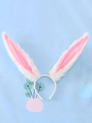 White fluffy bunny ear lolita headband with pink inner lining and white plastic headband, front flat lay view with light blue backdrop and cute decorative elements