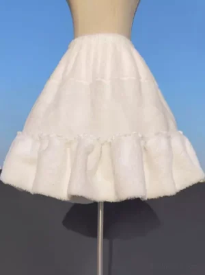 white fluffy lolita petticoat front flat lay view showing ruffled hem and soft plush fleece fabric on dress form