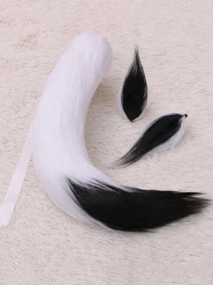 Arctic White fox ears with black tips and pristine white tail with black tip - lolita cosplay accessory set flat lay