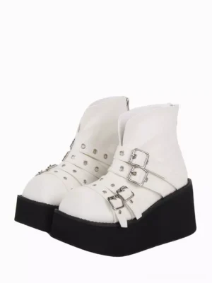 White Gothic Lolita ankle boots front view featuring square toe, silver grommets, adjustable buckle straps, and black wedge heel platform