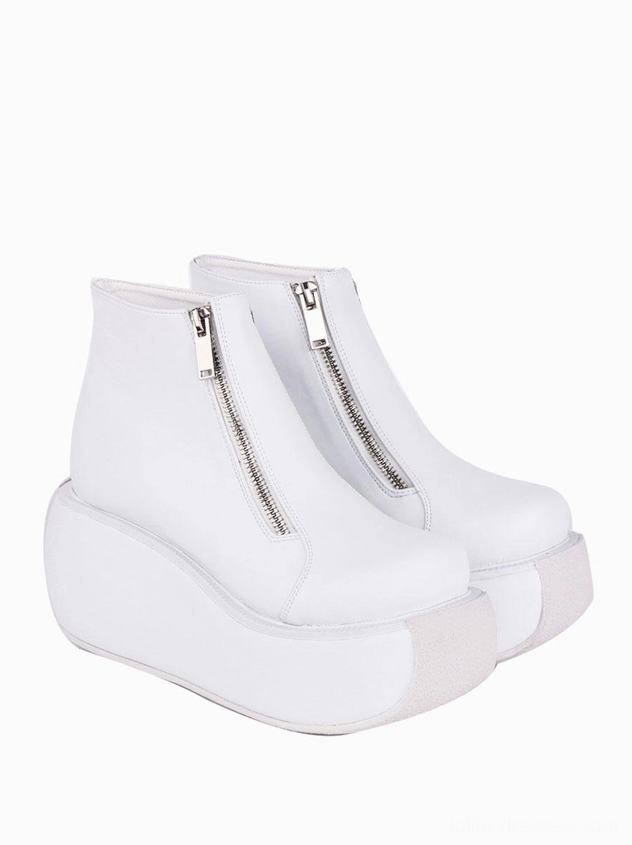 white lolita platform boots side view pair metal front zippers thick wedge sole gothic style