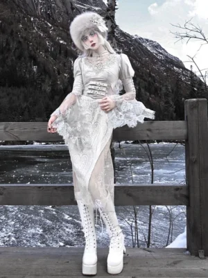 White Gothic Lolita cheongsam dress full front view frozen lakeside platform corset waistband sheer mesh side panels paired with white platform combat boots