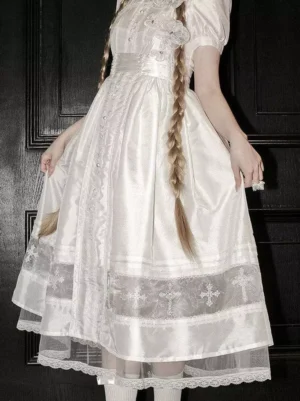 white gothic lolita cross embroidered short puff sleeve dress front lower body close-up detail shot