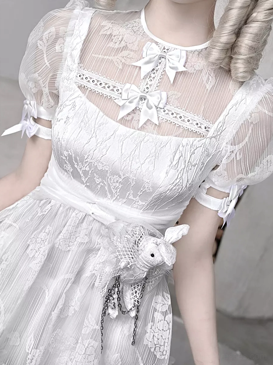White Gothic Lolita Dress Upper Body Close-up Detail - Satin Bows Sheer Lace Panel and Delicate Lace Fabric Texture