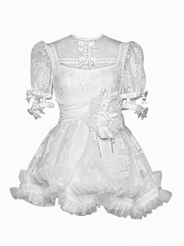 White Gothic Lolita Dress Flat Product Display - Square Neckline Puff Sleeves Bow Details Lace Embroidery Ruffled Hem