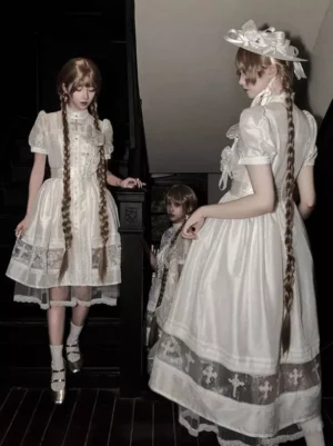 white gothic lolita dress full body side and back view with twin braids and cross lace skirt hem detail