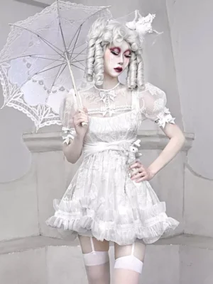 White Gothic Lolita Dress Full Front View with Lace Umbrella - Square Neckline Bow Details and Ruffled Trim
