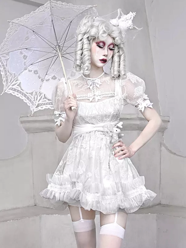 White Gothic Lolita Dress Full Front View with Lace Umbrella - Square Neckline Bow Details and Ruffled Trim