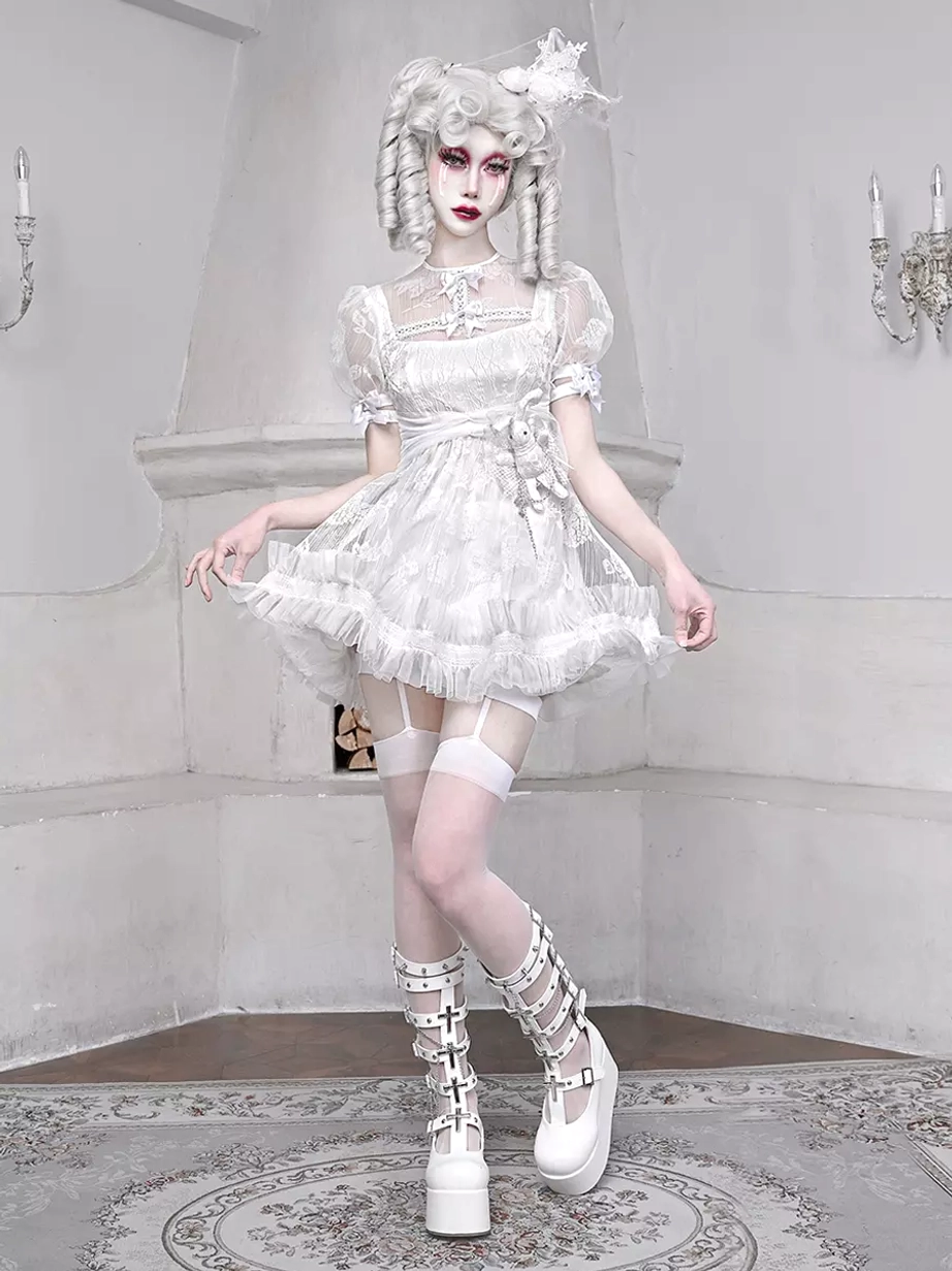 Mini White Gothic Lolita Dress Complete Full Length Front Shot - Platform Boots Garter Stockings Mansion Setting