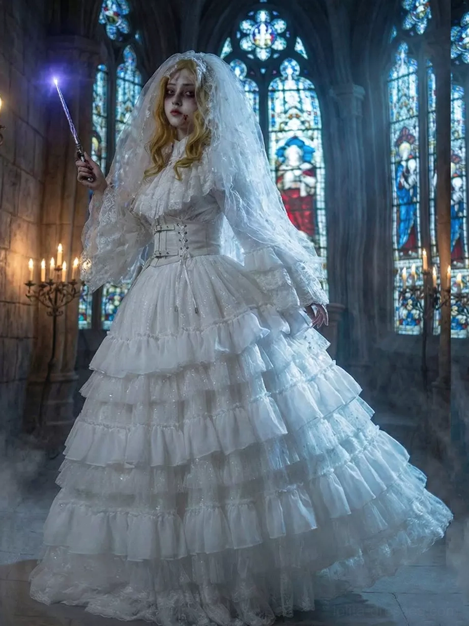 White Gothic lolita wedding dress side three-quarter view with dramatic long sheer sleeves and tiered ruffled skirt against stained glass