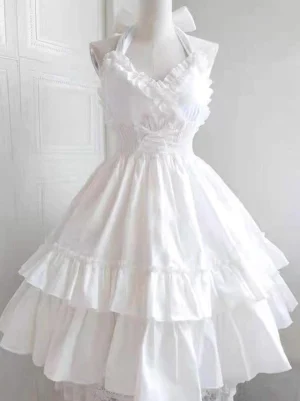 White gothic lolita halter jumper dress with ruffled v-neck, halter bow, lace-up waist and layered ruffled skirt detail
