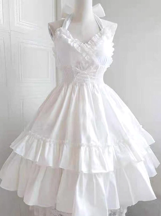 White gothic lolita halter jumper dress with ruffled v-neck, halter bow, lace-up waist and layered ruffled skirt detail