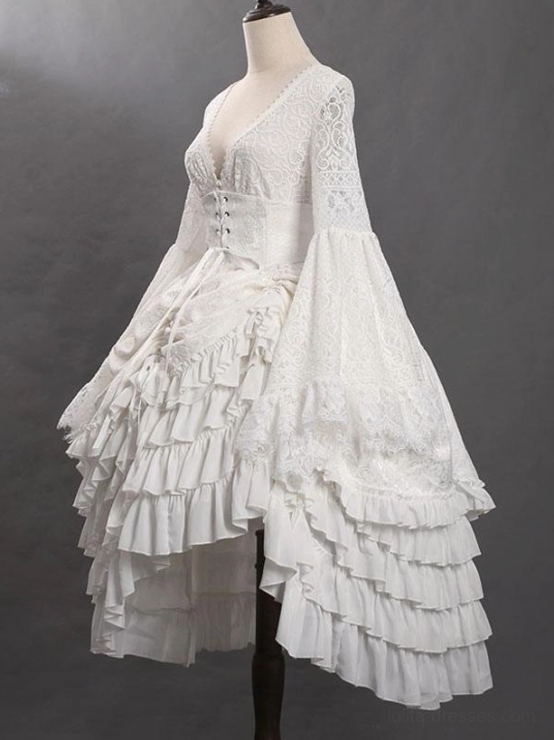 White Gothic Lolita skirt front display showing corset bodice details, bell sleeve coordination possibilities, and tiered ruffled high-low hemline on mannequin