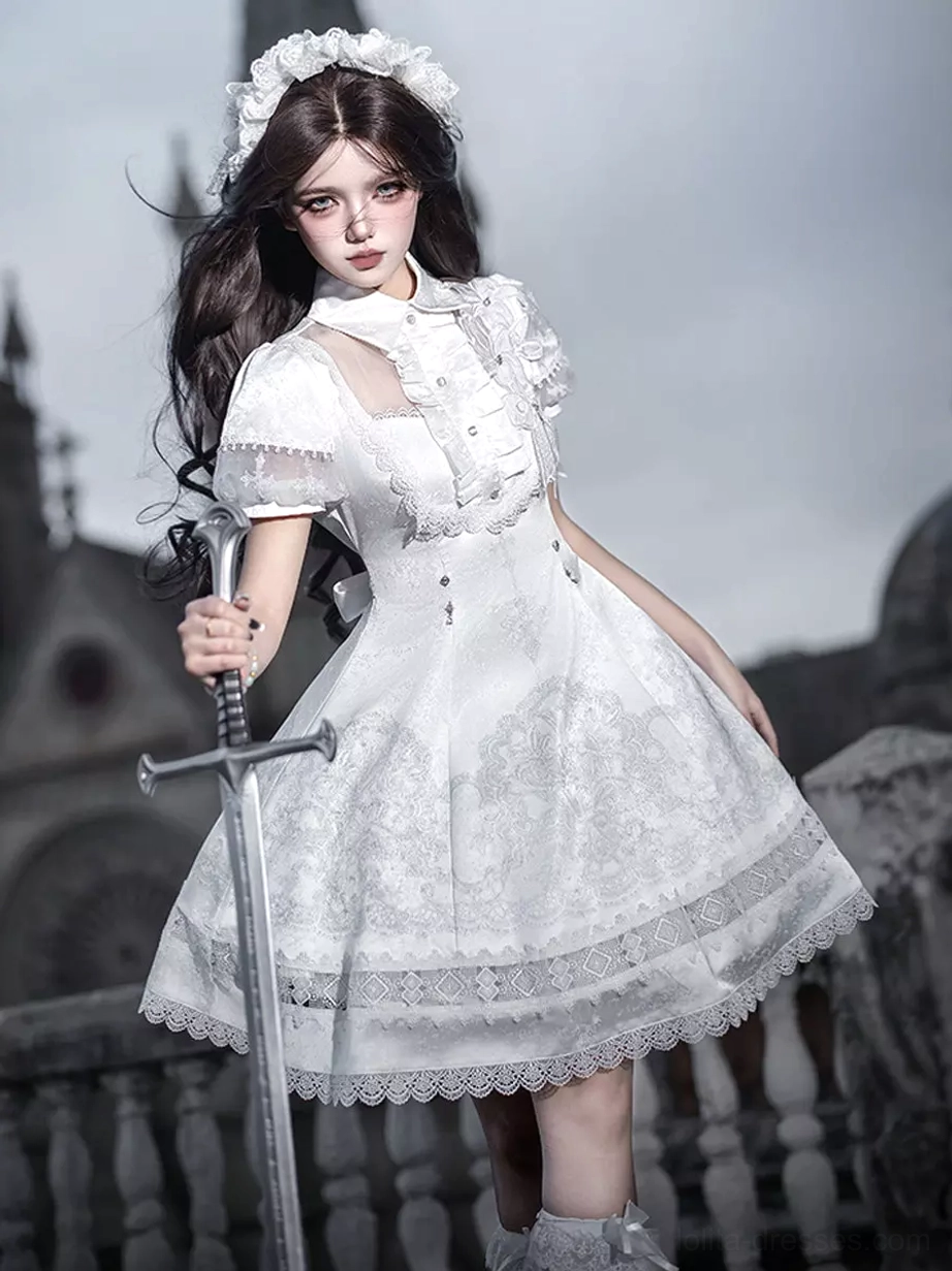 White Gothic Lolita dress three-quarter side view on model with lace headband full A-line skirt lace hem and long wavy hair styling against church backdrop
