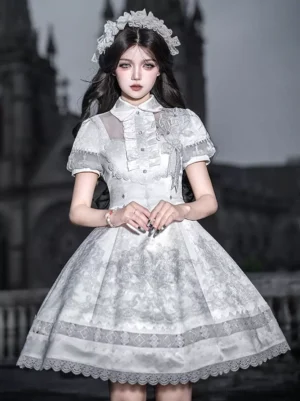 White Gothic Lolita JSK dress with short puff sleeves and Peter Pan collar front full-body view on model in church setting showing lace cross print and A-line silhouette