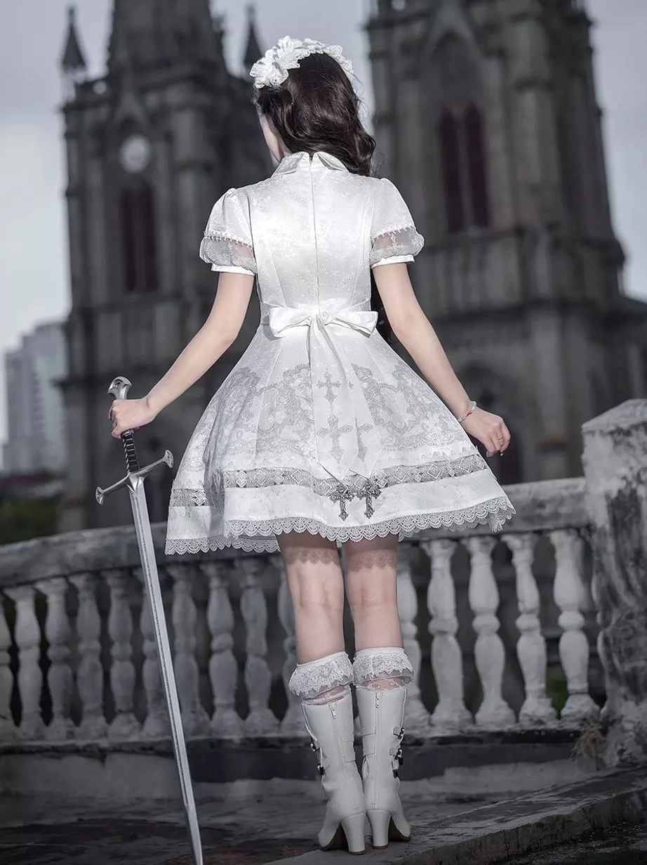 White Gothic Lolita JSK dress sizing comparison showcasing multiple size variations from S to XXL with complete bust waist shoulder and length measurements