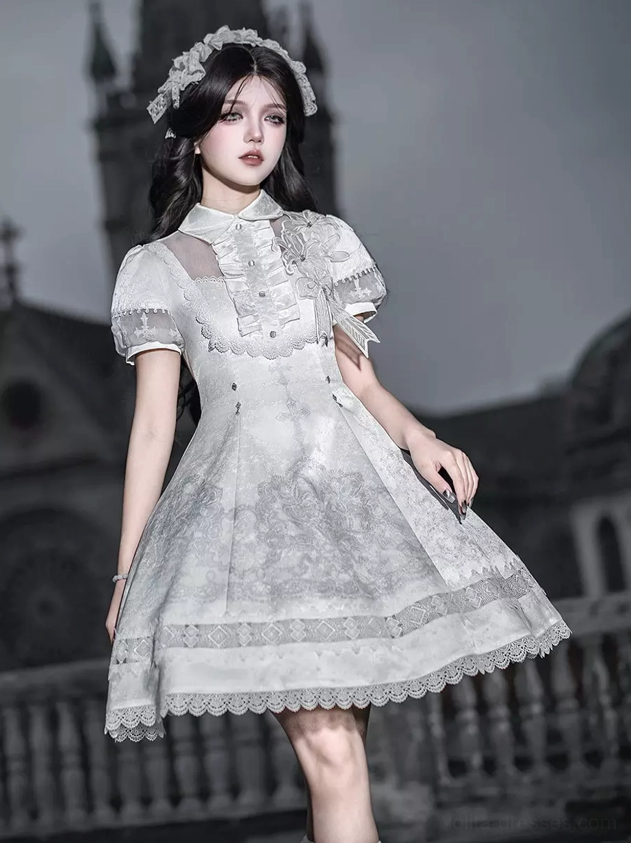 White Gothic Lolita dress standalone front static view without model featuring Peter Pan collar with front bow tailored waist scalloped lace hem and floral lace print