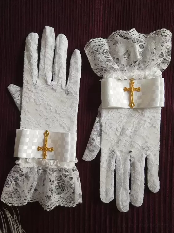 Pure white gothic lolita lace gloves close-up detail showing ruffled cuff design and gold cross ornament, demonstrating premium lace quality and delicate craftsmanship