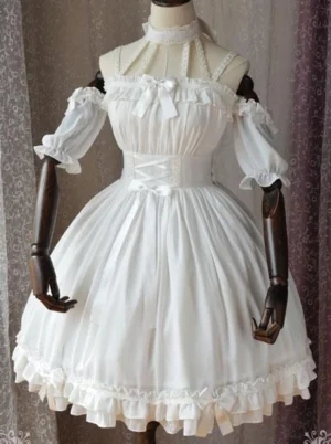 White Gothic Lolita short dress featuring off-shoulder puff sleeves, lace choker, ruffled hem with bow decorations on bust and waist, displayed on mannequin front perspective