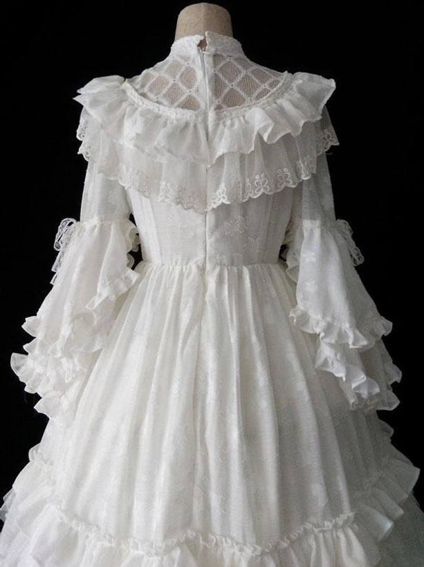 White vintage Gothic Lolita palace dress back flat display grid mesh neck panel ruffled lace collar flare ruffle sleeves