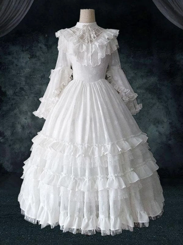 White vintage Gothic Lolita palace dress front flat display high lace collar flare sleeves multi-tier ruffle skirt dress form