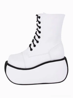 White Gothic Lolita platform boot left side profile view featuring black metal grommets lace-up closure round toe and thick platform sole with black border trim