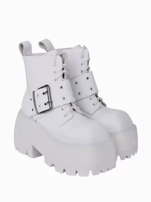 White gothic lolita platform boots with dual metallic grommets and square toe, paired three-quarter view, showcasing dual silver buckle straps, lace-up front closure, and architectural chunky lug sole
