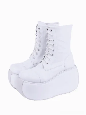 white gothic lolita platform boots with metal grommets lace-up front round toe wedge heel two-tone design