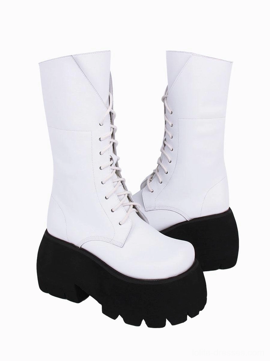 White gothic lolita platform boots oblique rear view with fold-over collar detail and smooth white leather upper