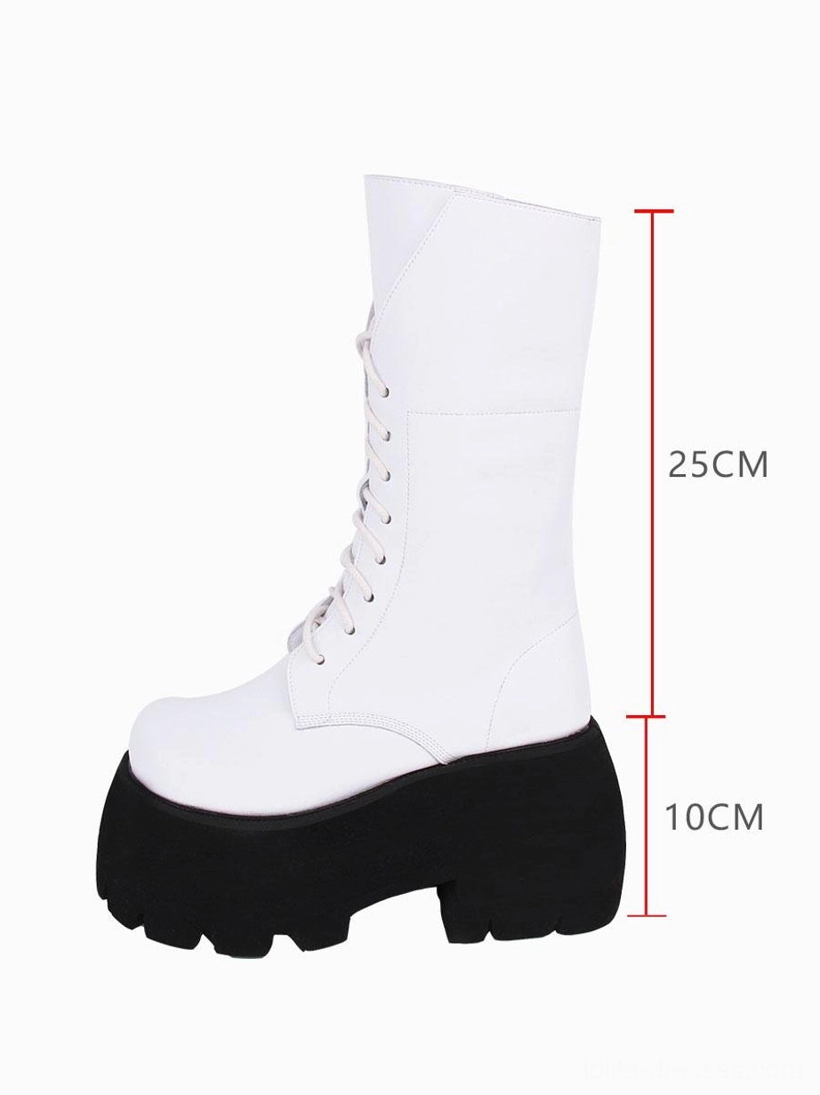 White gothic lolita platform boots right side view with size markers 25cm total height and 10cm black lug sole