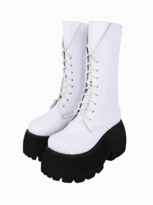 White gothic lolita platform combat boots front view with round toe lace-up design and chunky black lug sole