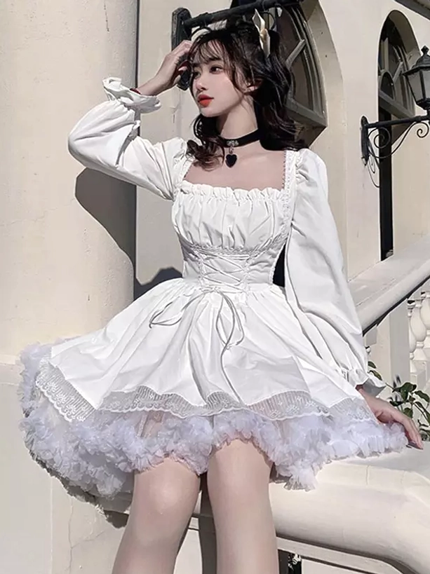 White gothic lolita mini dress half-body front view with puff sleeves, lace-trimmed tulle hem, choker neckline - outdoor balcony scene