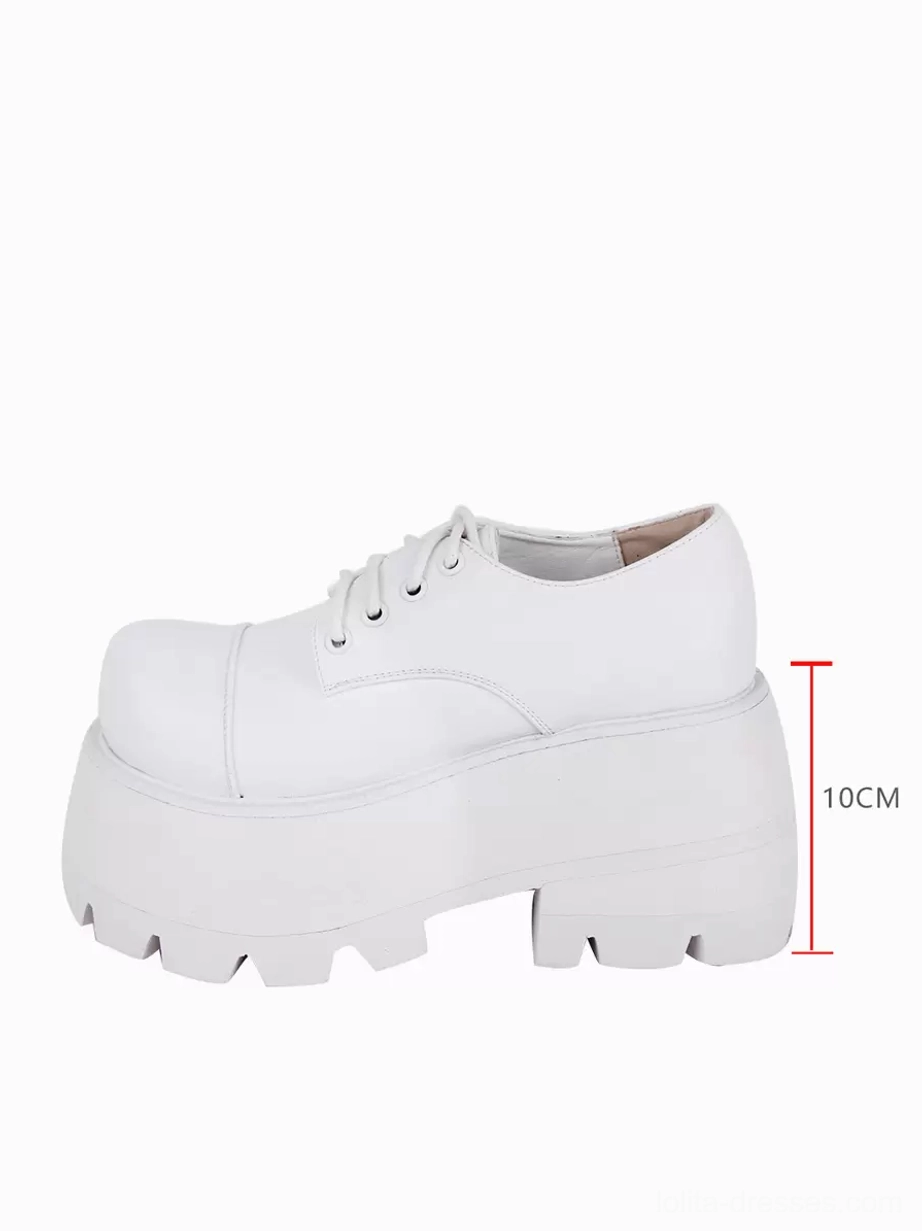 single white gothic lolita pump side view showing 10cm high platform sole wedge heel height indicator