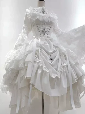 Gothic white lolita ensemble featuring structured corset details, dramatic ruffled collar, multi-tier lace-trimmed skirt with high-low hemline