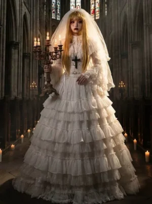 White Gothic lolita wedding dress with tiered ruffled skirt front view worn by model with bridal veil in candlelit church setting