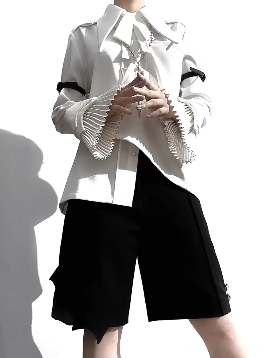 White Gothic Ouji Lolita blouse close-up with pleated ruffled cuffs black arm bands tailored shorts front faceless model pose