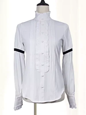 White gothic ouji lolita blouse front view with ruffled placket stand collar and long sleeves black arm straps
