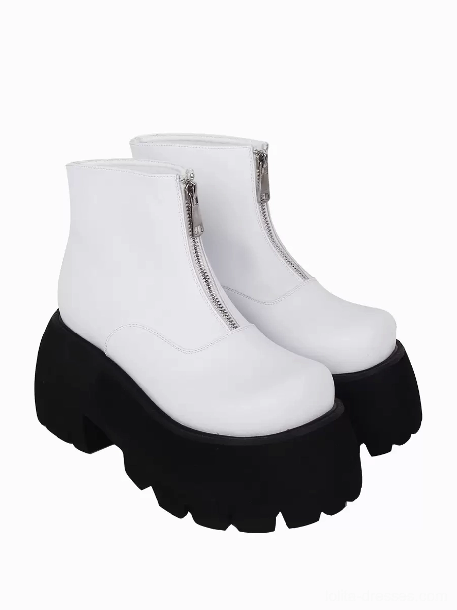 White steampunk lolita platform boots with silver front zippers thick black chunky sole side profile view alternative fashion footwear